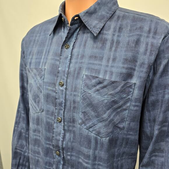 Affliction Black Premium Shirt Blue Plaid Long Roll tab Sleeves Dual Pockets L - Picture 6 of 13